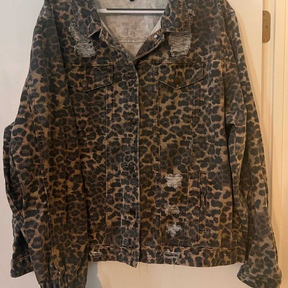Lucky & Blessed Leopard Print Jean Jacket Brown Black